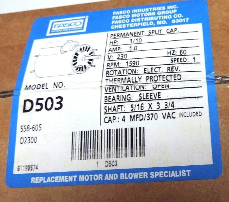 NIB FASCO D503 MOTOR HP: 1/10, AMP: 1.0, V: 230, HZ: 60, RPM: 1590, SPEED: 1