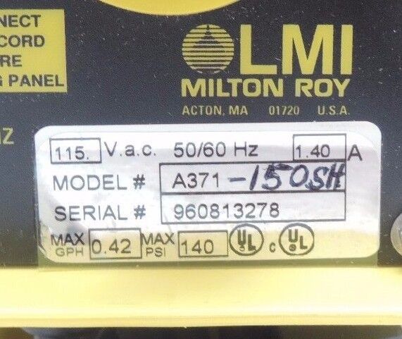 NIB LMI MILTON ROY A371-150SH METERING PUMP 115VAC, 1.40A, 0.42GPH, A371150SH
