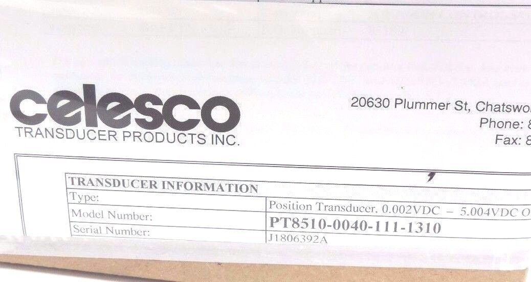 NIB CELESCO PT8510-0040-111-1310 POSITION TRANSDUCER 0.002-5.004VDC, 40" RANGE
