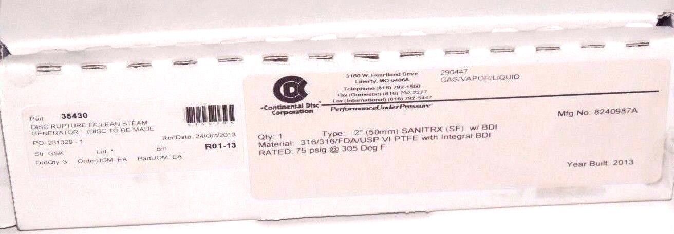 NIB CONTINENTAL DISC 8240987A 2" SANITRAX RUPTURE DISC 290447 W/ BDI ALARM STRIP