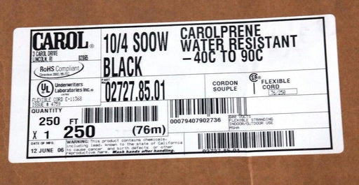 CAROL 250' FT 10/4 SOOW BLACK 10AWG RUBBER CORD EXTENSION WIRE/CABLE 02727.85.01