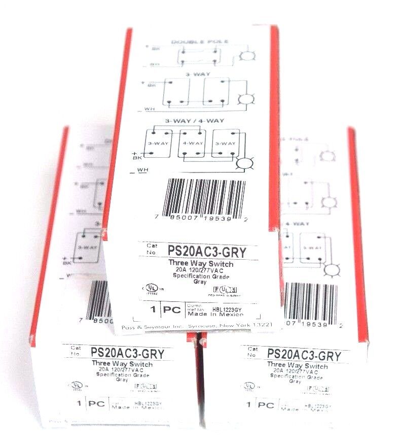 LOT OF 3 NEW PASS & SEYMOUR PS20AC3-GRY 3-WAY SWITCHES 20A 120/277VAC GRAY