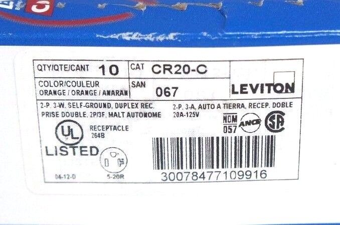 BOX OF 10 NEW LEVITON CR20-C DUPLEX RECEPTACLES STRAIGHT BLADE CR20C