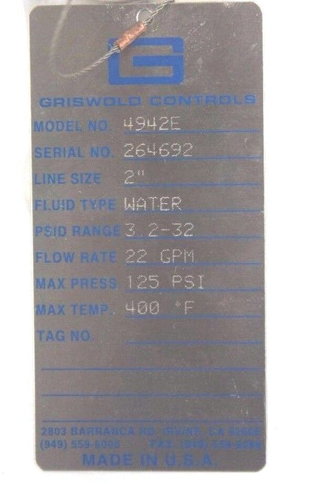 NEW GRISWOLD 4942E TRI-CLOVER 2" SANITARY FLOW REGULATOR VALVE 22 GPM 125PSI