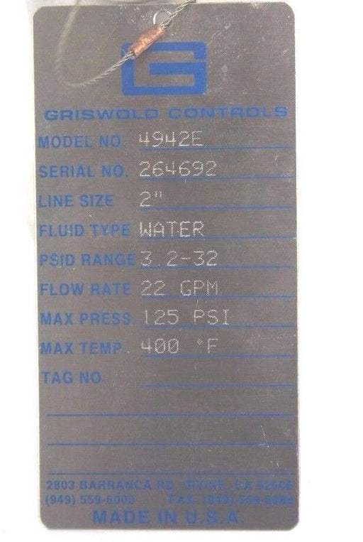 NEW GRISWOLD 4942E TRI-CLOVER 2" SANITARY FLOW REGULATOR VALVE 22 GPM 125PSI