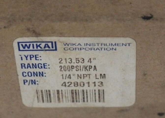 NIB WIKA 213.53 4" PRESSURE GAUGE 1/4" NPT LM 200PSI/KPA 4280113