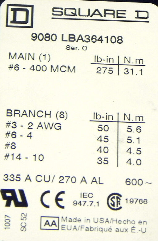 SQUARE D 9080LBA364108 POWER DISTRIBUTION BLOCK 600V 335AMP 9080-LBA-364108