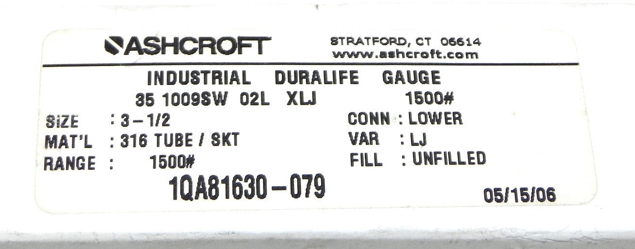NIB ASHCROFT 35-1009SW-02L-XLJ INDUSTRIAL DURALIFE GAUGE 351009SW02LXLJ