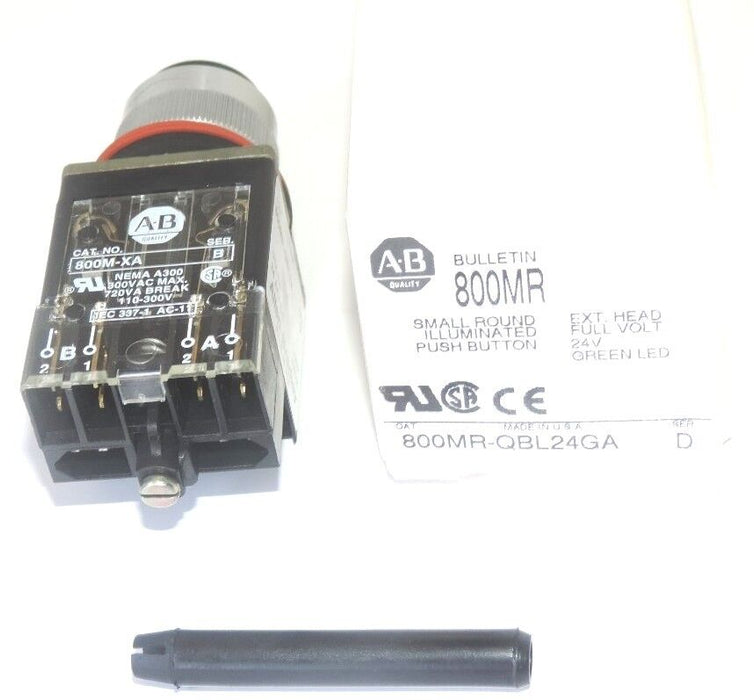 NIB ALLEN BRADLEY 800MR-QBL24GA PUSH BUTTON EXT. HEAD 24V, GREEN LED, SER. D