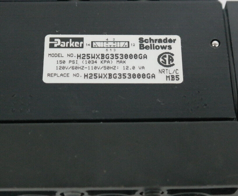 NEW PARKER SCHRADER BELLOWS H25WXBG353000GA SOLENOID VALVE 150PSI MAX