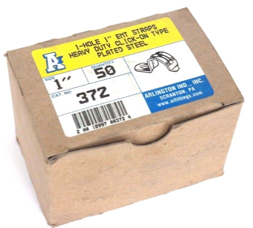 BOX OF 50 NEW ARLINGTON 372 HEAVY DUTY CLICK-ON EMT STRAPS 1-HOLE 1"