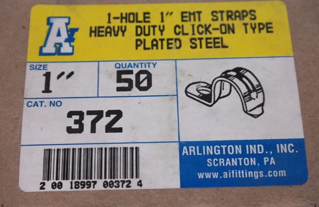 BOX OF 50 NEW ARLINGTON 372 HEAVY DUTY CLICK-ON EMT STRAPS 1-HOLE 1"