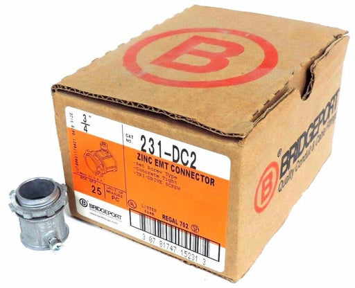 BOX OF 25 NEW BRIDGEPORT 231-DC2 3/4" ZINC EMT CONNECTORS 231DC2
