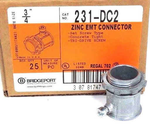 BOX OF 25 NEW BRIDGEPORT 231-DC2 3/4" ZINC EMT CONNECTORS 231DC2