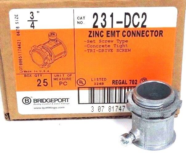 BOX OF 25 NEW BRIDGEPORT 231-DC2 3/4" ZINC EMT CONNECTORS 231DC2