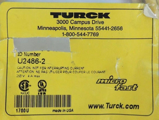 NEW TURCK P/N: SB 3T-6/S105 ID: U2486-2 MINIFAST MOLDED CORDSET