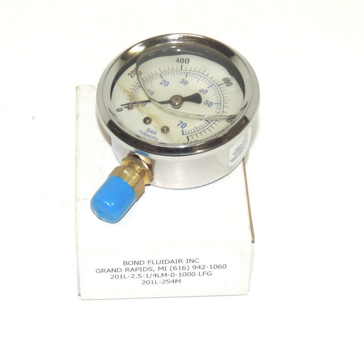 NEW PIC / BOND FLUIDAIR INC 201L-254M PRESSURE GAUGE 201L-2.5-1/4LM-0-1000 LFG