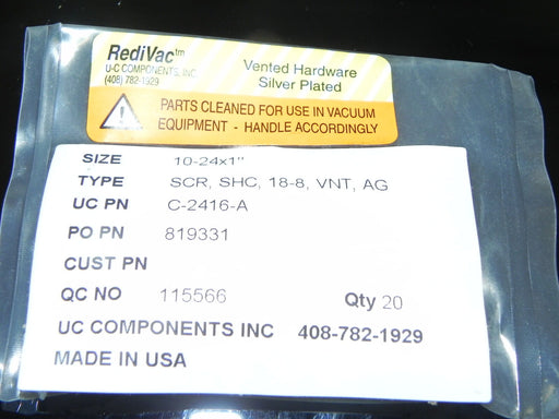 NEW BAG OF 20 VENTED SILVER PLATED SCREWS 10-24X1" HEX HEAD C-2416-A REDIVAC