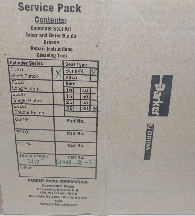 NIB PARKER KIT, PARTS, CYL, SP128-B-SX40 MAT'L NO. 10002515 STROKE LENGTH 40''