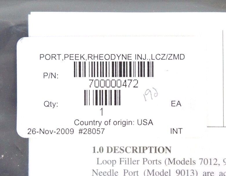 NIB WATERS 700000472 PORT, PEEK, RHEODYNE INJ, LCZ/ZMD