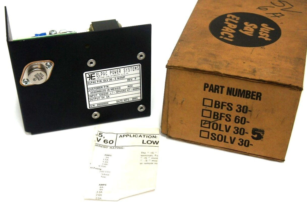 NIB ELPAC POWER SYSTEMS OLV 30-5 N/OVP POWER SUPPLY REV F 120/240VAC OLV305