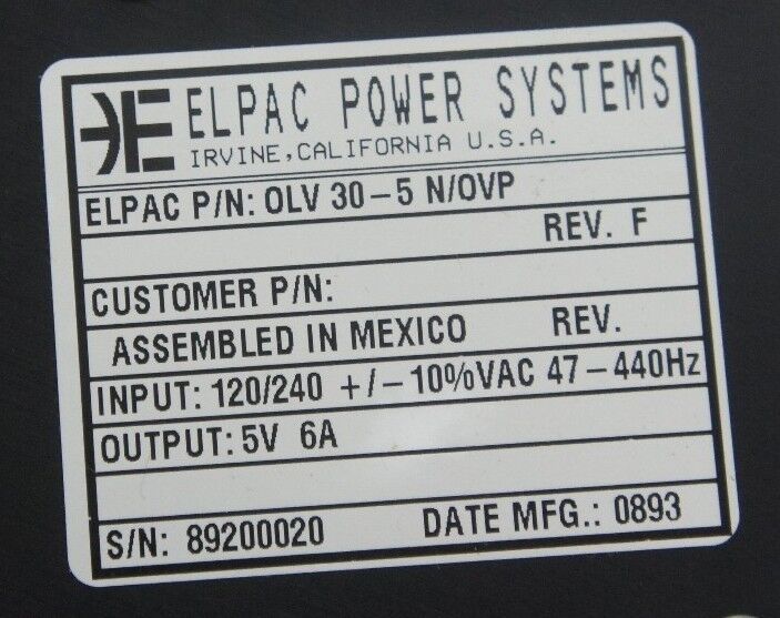 NIB ELPAC POWER SYSTEMS OLV 30-5 N/OVP POWER SUPPLY REV F 120/240VAC OLV305