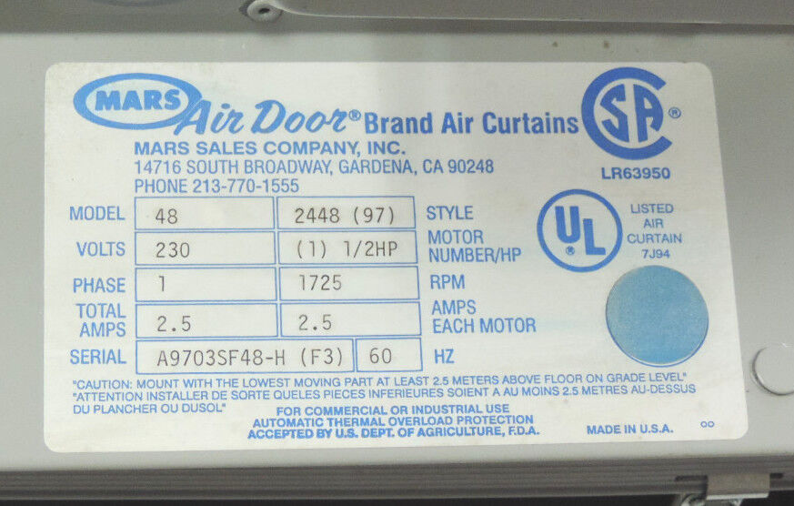 NIB MARS 48 INCH AIR DOOR CURTAIN MODEL 48 STYLE 2448 (97)