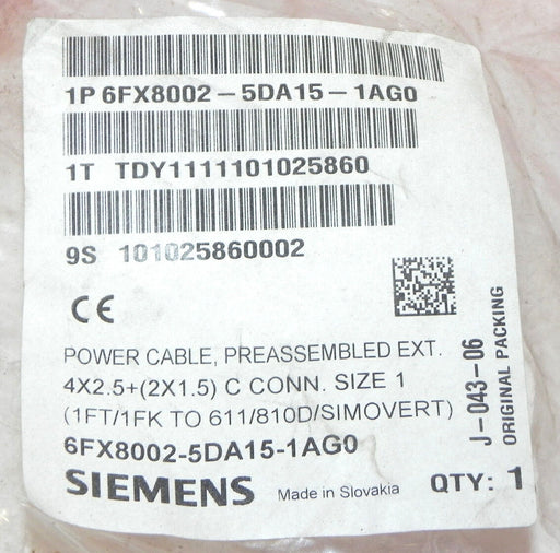 NEW SIEMENS 6FX8002-5DA15-1AG0 POWER CABLE 6M 6FX80025DA151AG0