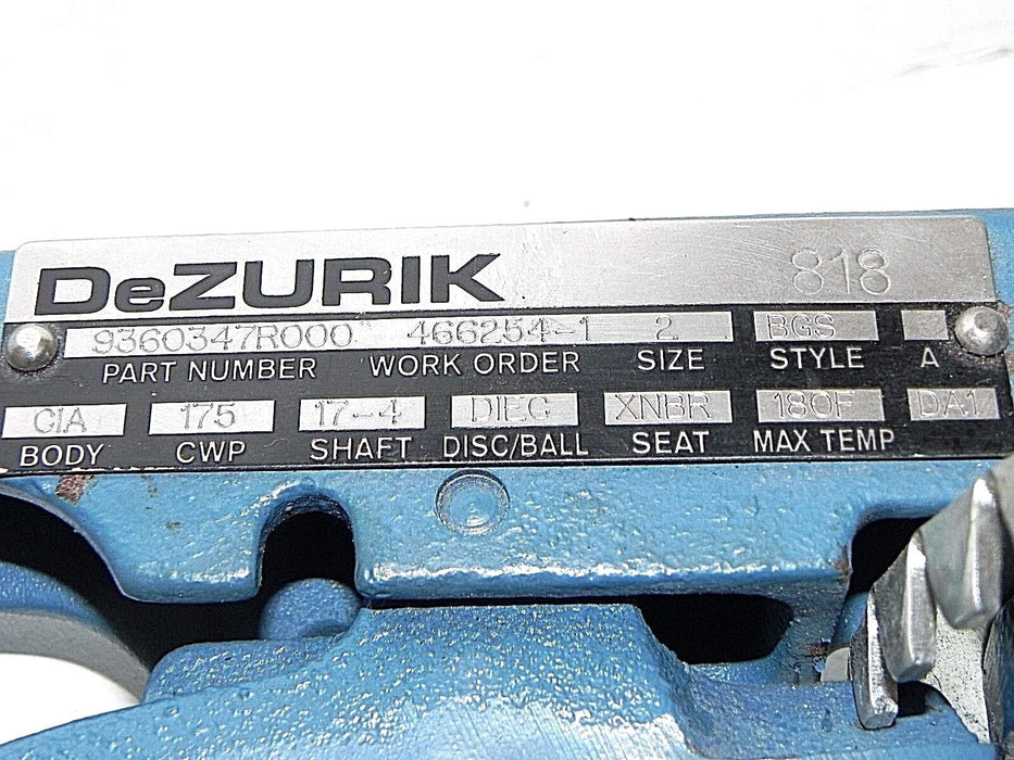 NEW DEZURIK BUTTERFLY VALVE SIZE 2" CIA BODY 175 CWP XNBR SEAT 180F MAX TEMP
