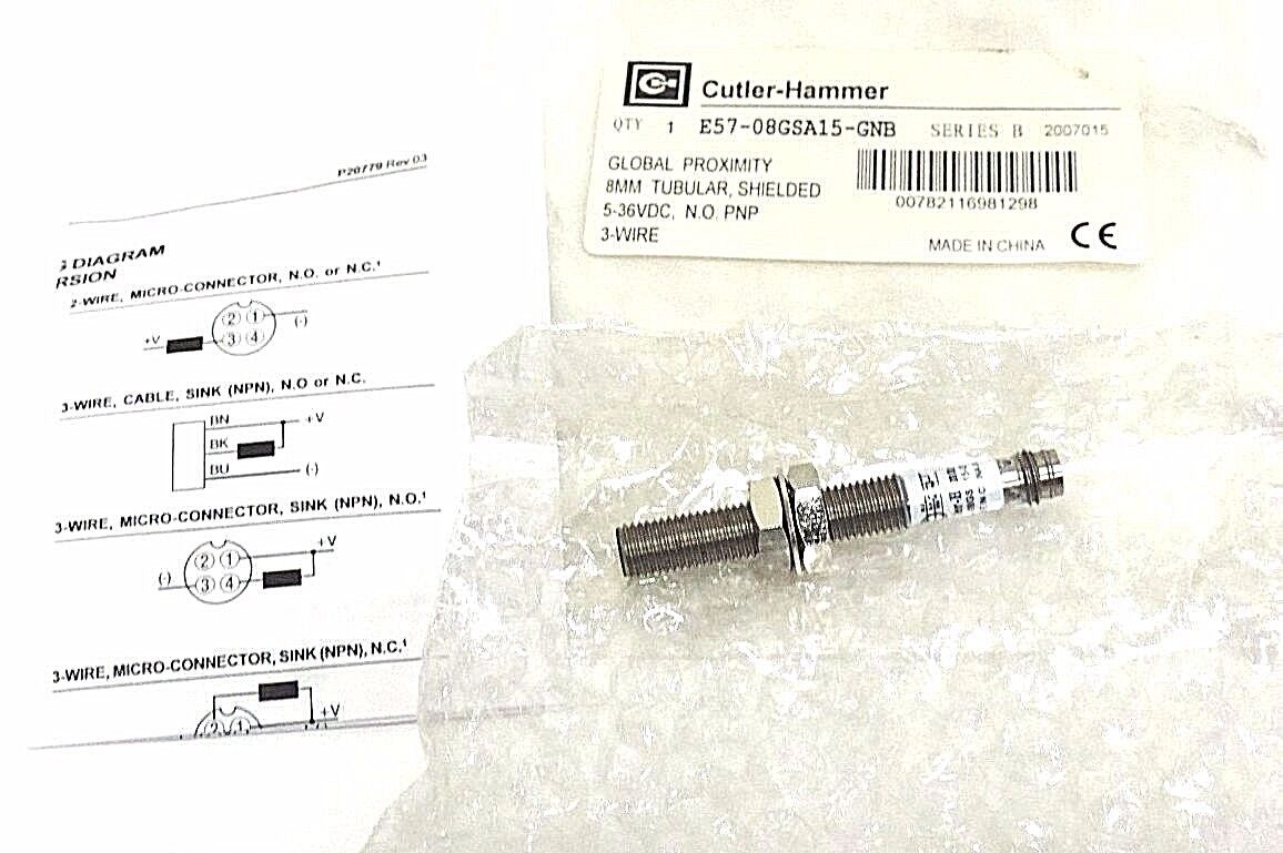 NEW CUTLER-HAMMER E57-08GSA15-GNB GLOBAL PROX. SENSOR 8MM TUBULAR SER. B