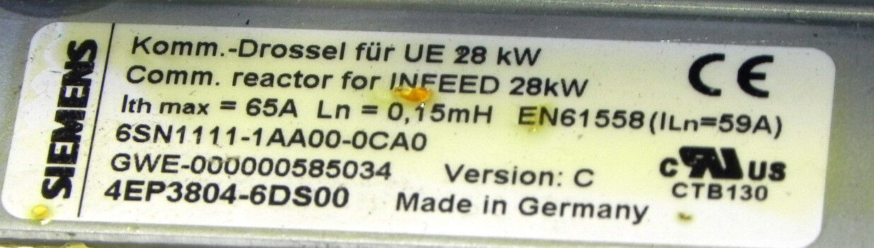 NEW SIEMENS 6SN1111-1AA00-0CA0  REACTOR, 28KW VERSION C, 6SN11111AA000CA0