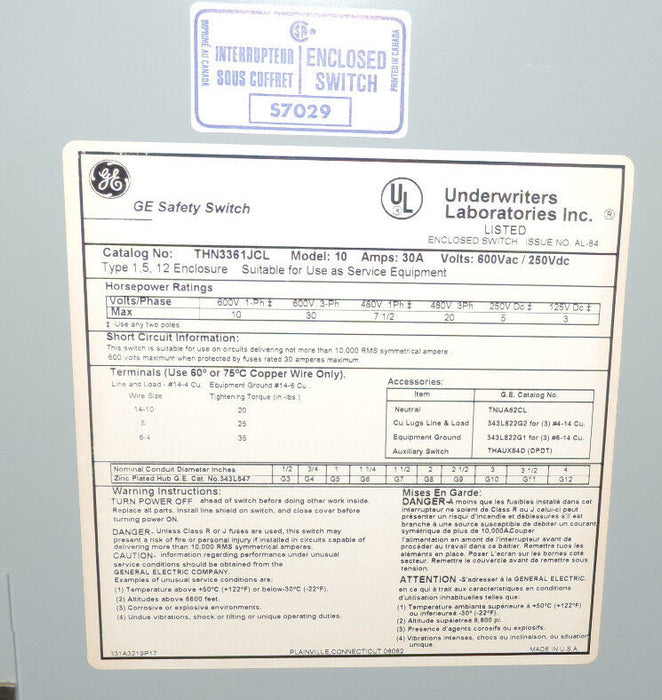 NEW IN BOX GENERAL ELECTRIC THN3361JCL HEAVY DUTY SAFETY SWITCH 600VAC 30A