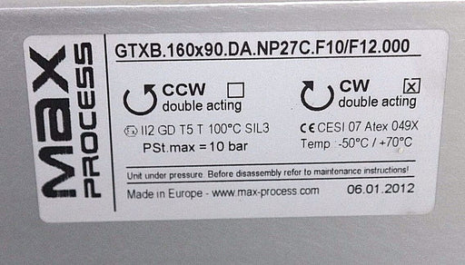NEW MAX PROCESS GTXB.160X90.DA.NP27C.F10/F12.000 DOUBLE ACTING ACTUATOR