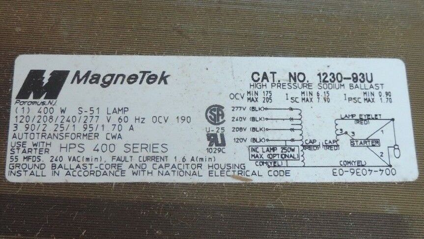 NIB MAGNETEK 1230-93U-500K BALLAST REPLACEMENT KIT 400W S-51 LAMP, 123093U500K
