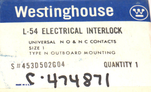 NIB WESTINGHOUSE 453D502G04 L-54 ELECTRICAL INTERLOCK KIT 600VAC 230VDC