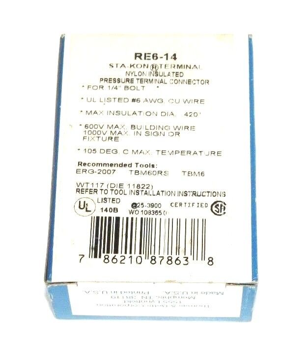 NEW BOX OF 20 T&B RE6-14 STA-KON NYLON INSULATED PRESSURE TERMINAL CONNECTORS