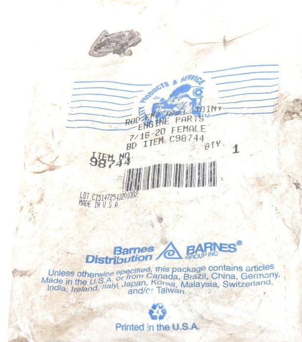 NEW BARNES DISTRIBUTION 98744 ROD END BALL JOINT 7/16-20 FEMALE BD ITEM C98744