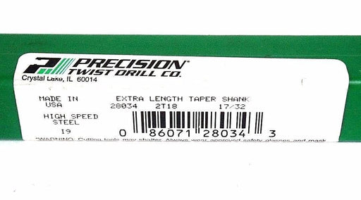NEW PRECISION TWIST DRILL CO. 28034, 2T18, 17/32 EXTRA LENGTH TAPER SHANK HSS 19