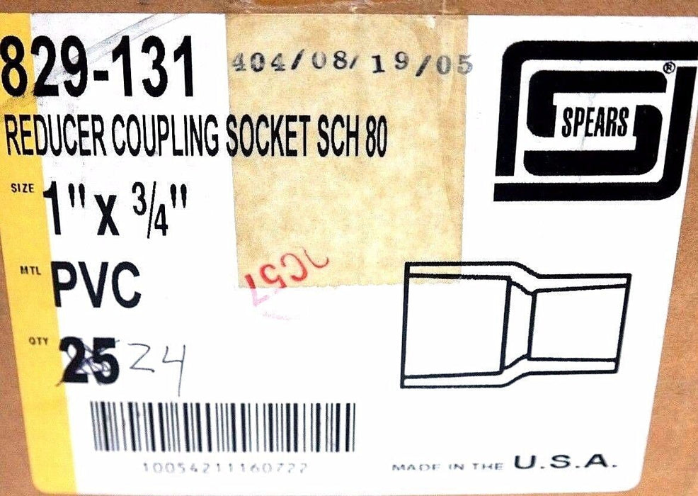 BOX OF 24 NEW SPEARS 829-131 PVC REDUCER COUPLING SOCKETS SCH 80, 1"X3/4"