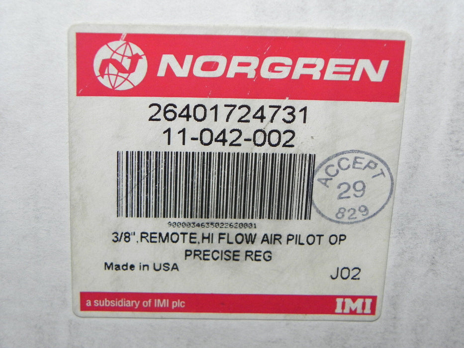 NIB NORGREN 11-042-002 - 3/8 ,REMOTE , HI FLOW AIR PILOT OP PRECISE REGULATOR