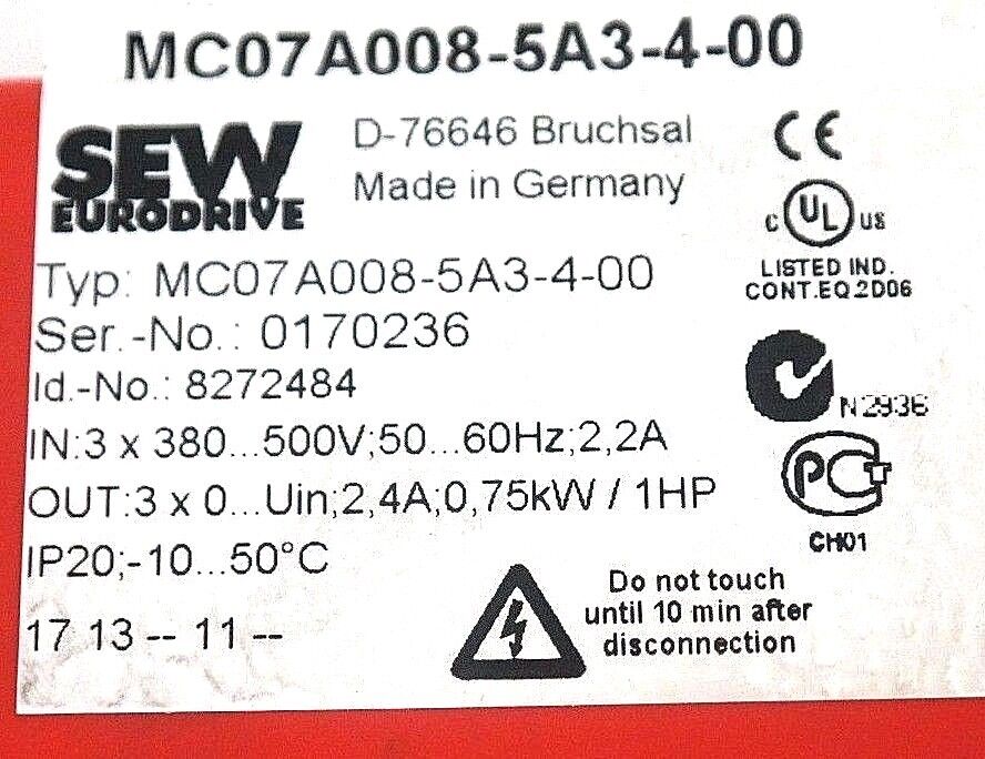 SEW EURODRIVE MC07 A008-5A3-4-00 MOVITRAC DRIVE FREQUENCY INVERTER VFD45107