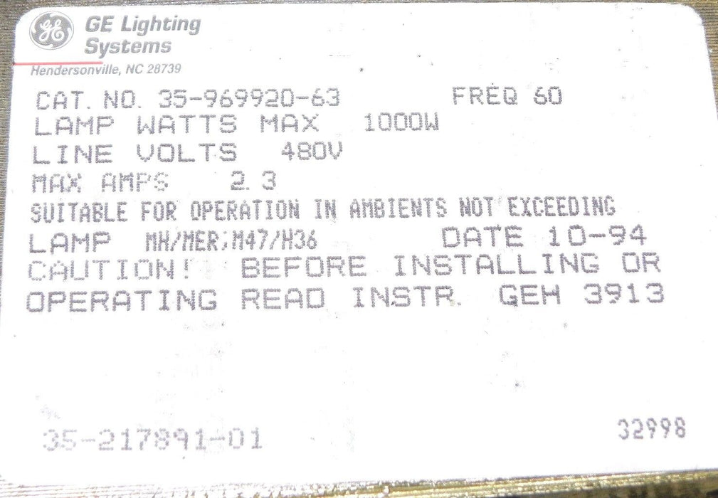 NIB GE LIGHTING 35-969920-63 RENEWAL PARTS KIT UNIGLOW, UNIMOUNT BALLAST