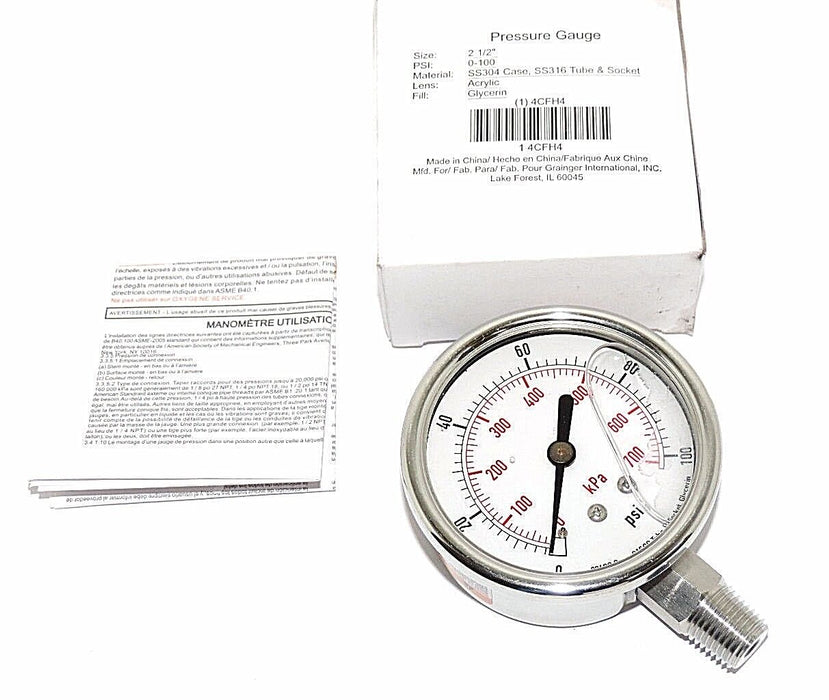 NIB GRAINGER 4CFH4 PRESSURE GAUGE SIZE: 2-1/2'' PSI: 0-100, LENS: ACRYLIC