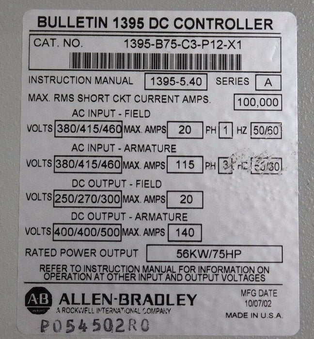 ALLEN BRADLEY 1395-B75-C3-P12-X1 DC DRIVE CONTROLLER SER A, 75HP, 1395B75C3P12X1