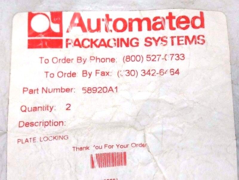 NIB AUTOMATED PACKAGING SYSTEMS 58920A1 PLATE LOCKING (QTY:2)