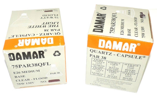 LOT OF 2 NIB DAMAR 75PAR38QFL CLEAR FLOOD LIGHTS, E26 MEDIUM, 75 WATT, 130 VOLT