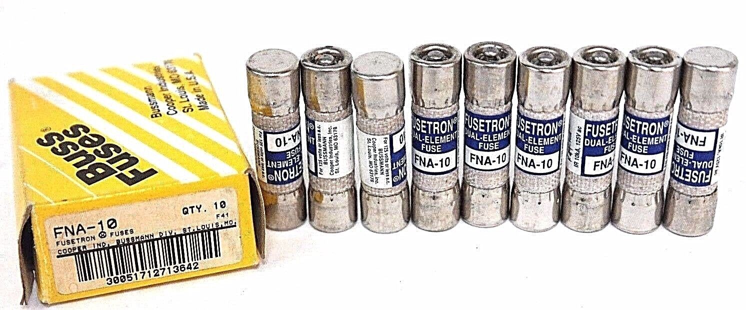 NIB BUSSMANN FNA-10 FUSE 10AMP 125VAC TIME DELAY FNA10 (BOX OF 9)