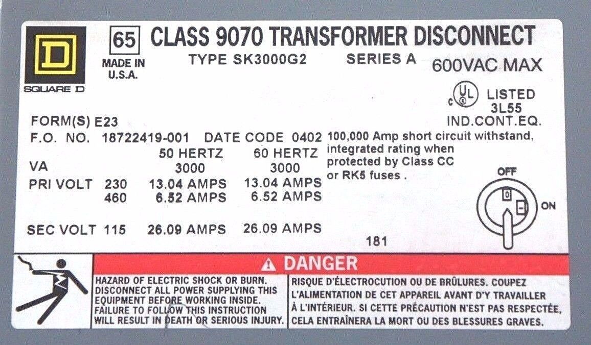 NIB SQUARE D 9070SK3000G2 SERIES: A TRANSFORMER DISCONNECT
