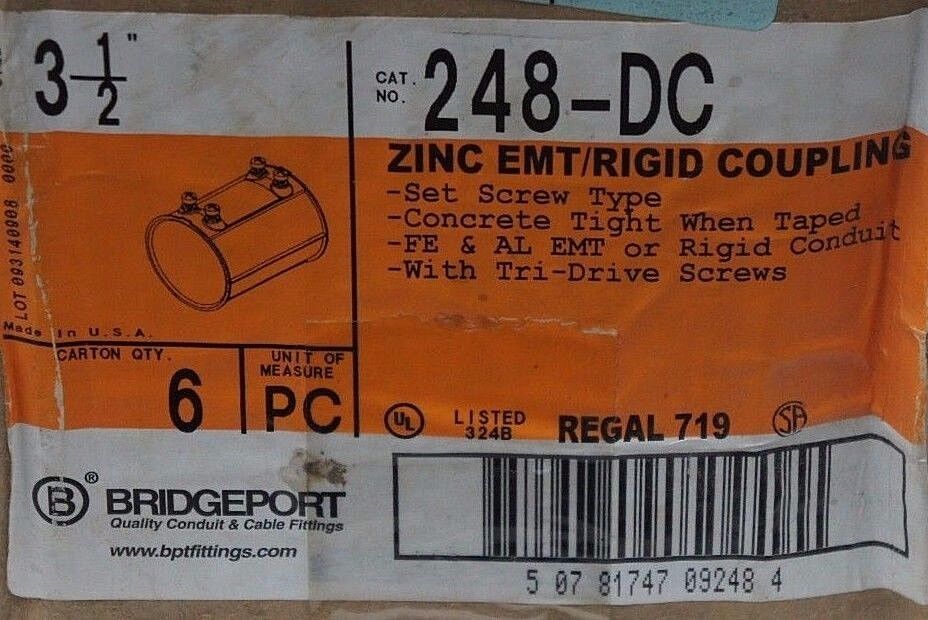 BOX OF 6 NEW BRIDGEPORT 248-DC ZINC EMT/RIGID COUPLINGS 3-1/2" 248DC