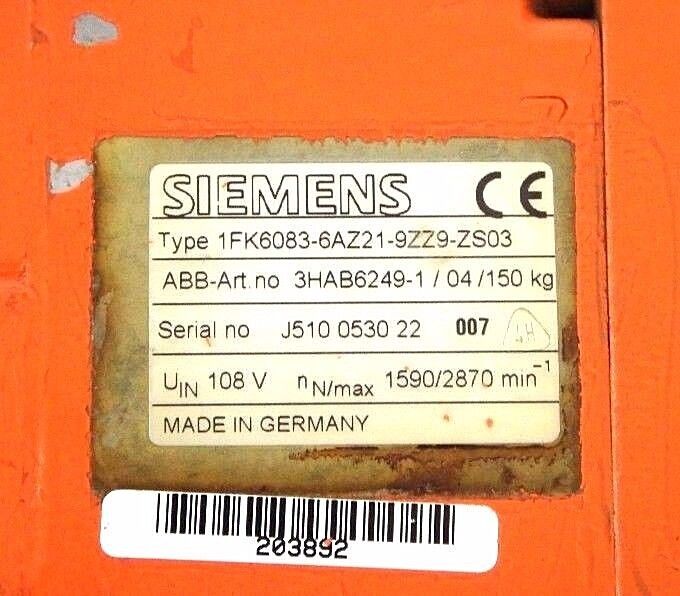 SIEMENS 1FK6083-6AZ21-9ZZ9-ZS03 SERVO MOTOR, AB-ART. NO 3HAB6249-1 /04/150KG